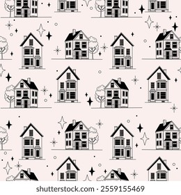 Whimsical Seamless Pattern with Houses and Trees – Hand-Drawn Vector background