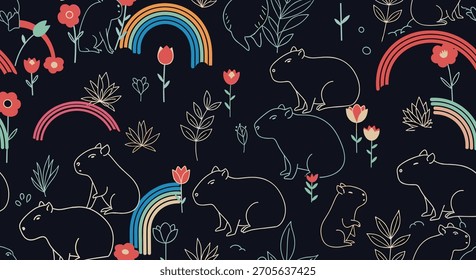 Fantástico padrão perfeito com capibaras de arte em linha colorido arco-íris e flores em um fundo azul-marinho escuro para crianças.