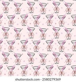 Whimsical Seamless Pattern Martini Glass with Bow and Disco Ball Olive Hand Drawn Retro Isolated on Background