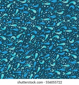 Whimsical seamless pattern on blue background with blue fish and bubbles. Vector illustration.