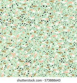 Whimsical seamless pattern on colorful background with multicolored fish and bubbles. Vector illustration.