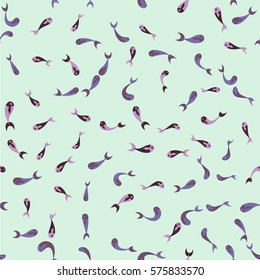 Whimsical seamless pattern on colorful background with multicolored fish different size. Vector illustration.