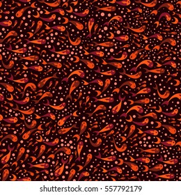 Whimsical seamless pattern on dark background with orange fish and bubbles. Vector illustration.