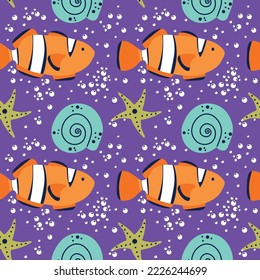 Whimsical seamless pattern on purple background with fish and bubbles. Vector illustration. EPS Sea life