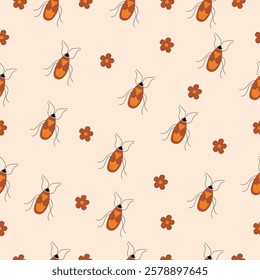 A whimsical seamless pattern of orange beetles with black spots surrounded by small flowers on a light beige background