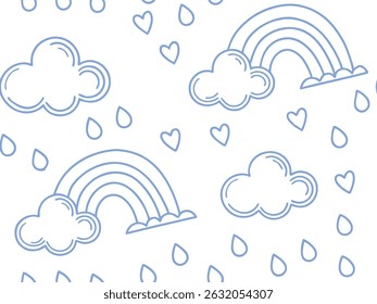 Whimsical seamless pattern with outlined rainbows, clouds, raindrops, and hearts on a white background. Light blue line art evokes cheerful, dreamy, and weather-themed vibes.