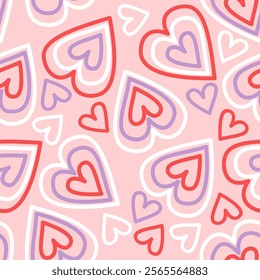 whimsical seamless pattern of overlapping hearts outline drawn in various shades of pink and red creating a playful and romantic design