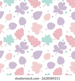 Un motif harmonieux fantaisiste met en valeur les feuilles pastel en rose, violet et vert menthe sur fond blanc.