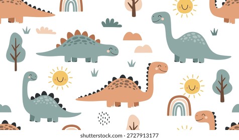 Caprichoso patrón sin fisuras de sonrientes dinosaurios de dibujos animados con soles, arco iris, árboles y arbustos en una paleta de colores suaves para la decoración de la habitación del vivero.