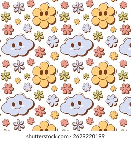 A whimsical, seamless pattern, smiling flowers in bright shades of yellow, pink, purple and green, each with cute, expressive faces and happy clouds of pale blue tones.