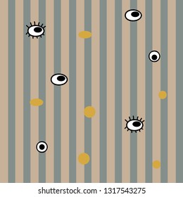 Whimsical seamless pattern. Striped with circles and eyes. Fabulous and mystical.