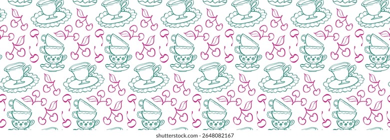 Padrão sem emenda whimsical com xícaras de chá, cerejas e pratos. Hora do chá vintage com cerejas. Ideal para embalagem, tecido, papelaria e branding. Ilustração vetorial desenhada à mão em estilo doodle.