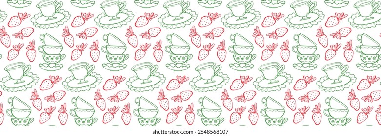 Whimsical sem emenda padrão com xícaras de chá, morangos e pratos. Hora do Chá Vintage com morango. Para embalagem, tecido, artigos de papelaria e marca. Ilustração vetorial desenhada à mão em estilo doodle