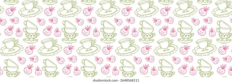 Whimsical sem emenda padrão com xícaras de chá, framboesas e pratos. Chá Vintage com framboesa. Ideal para embalagem, tecido, papelaria e branding. Ilustração vetorial desenhada à mão em estilo doodle