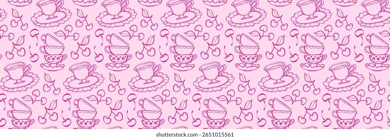 Whimsical seamless pattern with tea cups, cherry and plate. Vintage Tea Time with Cherries. Ideal for packaging, fabric, stationery, and branding. Hand drawn vector illustration in doodle style.