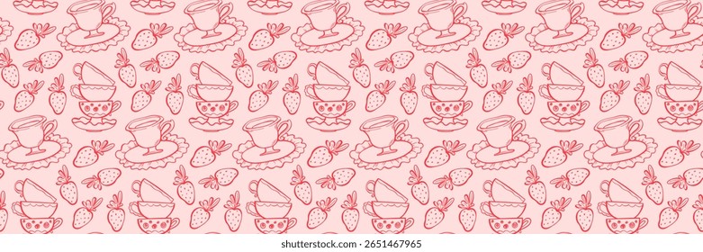Whimsical seamless pattern with tea cups, strawberry and plate. Vintage Tea Time with strawberry. Ideal for packaging, fabric, stationery, and branding. Hand drawn vector illustration in doodle style.