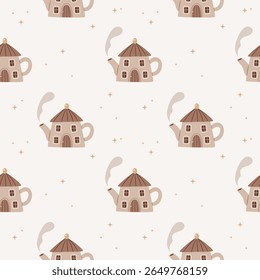 Whimsical seamless pattern with teapot houses and stars in soft neutral tones. Perfect for kids textiles, nursery decor, baby clothes, and cozy themed designs.


