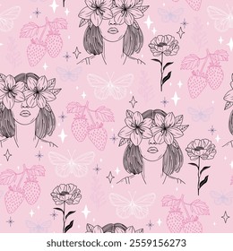 Whimsical Seamless Pattern with Women, Flowers, Strawberries, Butterflies, and Peonies. Hand-Drawn Vector background