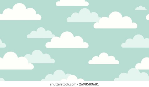 Um padrão de repetição caprichoso e contínuo com nuvens de desenhos animados branco e azul claro espalhadas por um céu azul pálido e sereno.