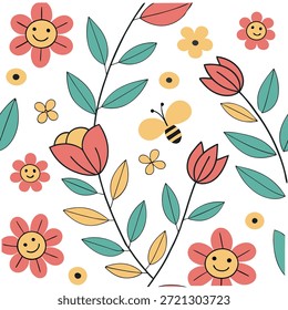 Caprichoso patrón de azulejos sin fisuras con personajes florales juguetones y colores brillantes para habitaciones de niños concepto como personajes florales juguetones con colores brillantes crean caprichoso patrón de azulejos sin fisuras para habitaciones de niños en Foto de archivo Concepto y espacio vacío en el lado izquierdo, sin texto --ar 7:2 --tile
