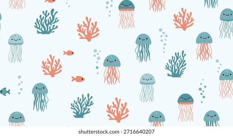 A whimsical seamless underwater pattern featuring adorable jellyfish vibrant coral cute fish and tiny bubbles on a light blue background.