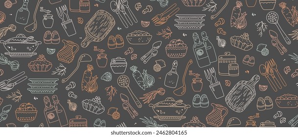 Un caprichoso Vector sin fisuras con utensilios de cocina multicolor, utensilios de cocina, comestibles meticulosamente delineados en un encantador estilo doodle, perfecto para la decoración culinaria, textil o marca de restaurante.