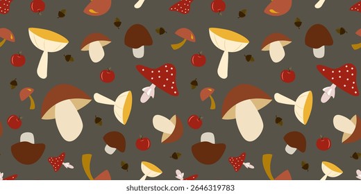 Padrão de vetor sem emenda fantástico de cogumelos de desenho animado bonitinhos, bolotas e maçãs em um fundo cinza escuro. Perfeito para projetos de queda de crianças, papel scrapbook e artesanato com temas de colheita.