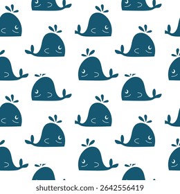 Whimsical seamless vector pattern featuring playful whales in a navy blue hue on a light background, ideal for various design projects