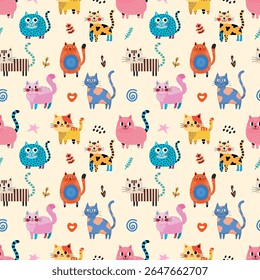 Whimsical seamless vector pattern featuring adorable cartoon cats in various poses and colors. Perfect for textiles, wallpapers, and children's products. Vibrant and charming.
