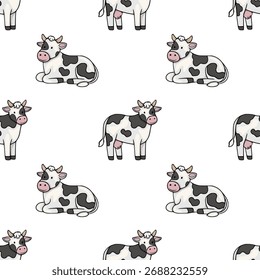 Whimsical seamless vector pattern featuring adorable cartoon Holstein cows in various poses against a clean white background, perfect for dairy-themed designs.