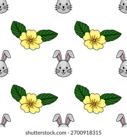 A whimsical seamless vector pattern featuring cute grey bunny faces and bright yellow primrose flowers with lush green leaves.