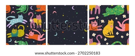 Whimsical Seamless Vector Pattern Set With Colorful Cats, Stars, Crescent Moons And Flowers On Dark Background. Perfect For Kids Textiles, Pajamas, Nursery Decor