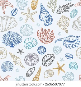 Whimsical seashell hand-drawn style seamless vector pattern