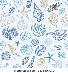 Whimsical seashell hand-drawn style seamless vector pattern