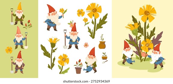Whimsical set of cute garden gnomes with red pointed hats. Vector elf, dwarf and flowers gardening elements Card design with gnomes and spring flowers, tussilago farfara