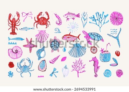 A whimsical set of hand drawn ocean creatures and elements in vibrant pink, blue, and purple tones. Includes sea animals, shells, coral, and plants perfect for kids designs, summer themes, and