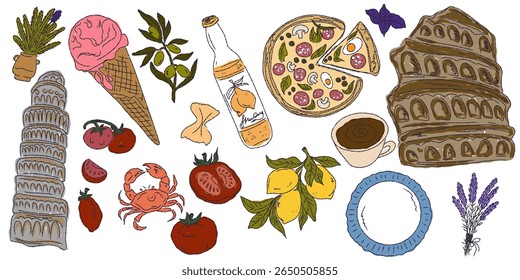 A whimsical set of hand-drawn sketches with splashes of color, Dolce Vita is inspired by the Mediterranean lifestyle. Includes food, drinks, flowers, summer decor and travel items.