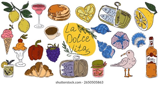 A whimsical set of hand-drawn sketches with splashes of color, Dolce Vita is inspired by the Mediterranean lifestyle. Includes food, drinks, flowers, summer decor and travel items.