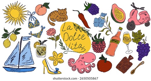 A whimsical set of hand-drawn sketches with splashes of color, Dolce Vita is inspired by the Mediterranean lifestyle. Includes food, drinks, flowers, summer decor and travel items.