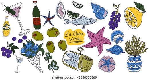 A whimsical set of hand-drawn sketches with splashes of color, Dolce Vita is inspired by the Mediterranean lifestyle. Includes food, drinks, flowers, summer decor and travel items.