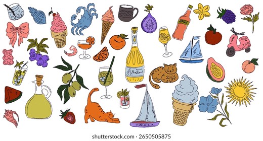 A whimsical set of hand-drawn sketches with splashes of color, Dolce Vita is inspired by the Mediterranean lifestyle. Includes food, drinks, flowers, summer decor and travel items.