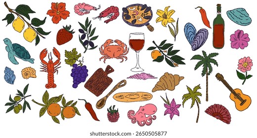 A whimsical set of hand-drawn sketches with splashes of color, Dolce Vita is inspired by the Mediterranean lifestyle. Includes food, drinks, flowers, summer decor and travel items.