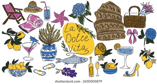 A whimsical set of hand-drawn sketches with splashes of color, Dolce Vita is inspired by the Mediterranean lifestyle. Includes food, drinks, flowers, summer decor and travel items.