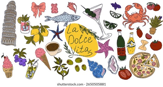 A whimsical set of hand-drawn sketches with splashes of color, Dolce Vita is inspired by the Mediterranean lifestyle. Includes food, drinks, flowers, summer decor and travel items.