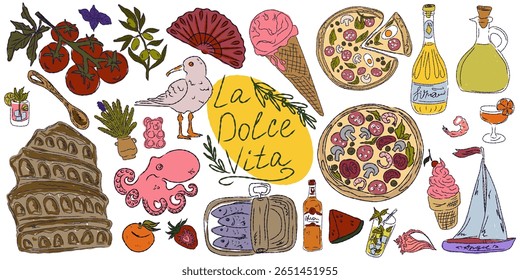A whimsical set of hand-drawn sketches with splashes of color, Dolce Vita is inspired by the Mediterranean lifestyle. Includes food, drinks, flowers, summer decor and travel items.