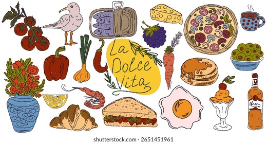 A whimsical set of hand-drawn sketches with splashes of color, Dolce Vita is inspired by the Mediterranean lifestyle. Includes food, drinks, flowers, summer decor and travel items.