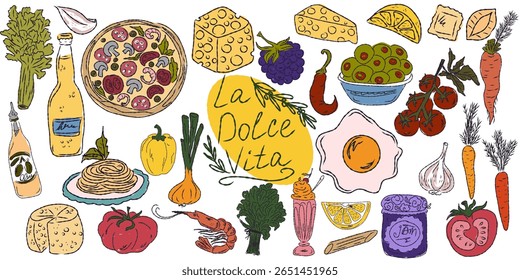 A whimsical set of hand-drawn sketches with splashes of color, Dolce Vita is inspired by the Mediterranean lifestyle. Includes food, drinks, flowers, summer decor and travel items.