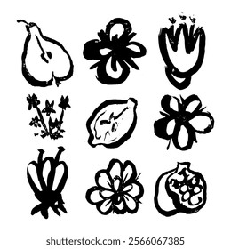 A whimsical set of isolated fruit and flower illustrations in a naive, hand-drawn style. The raw and unpretentious artwork highlights spontaneity and artistic freedom