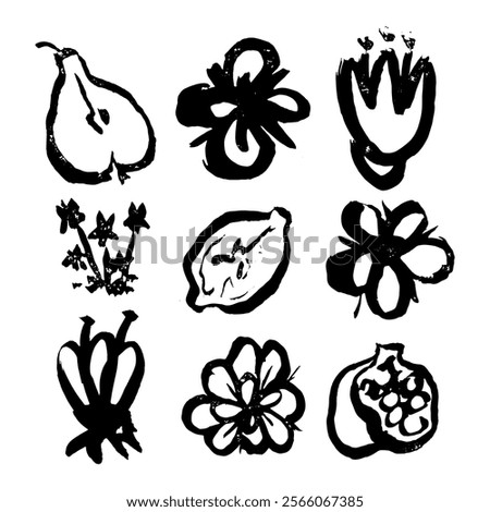 A whimsical set of isolated fruit and flower illustrations in a naive, hand-drawn style. The raw and unpretentious artwork highlights spontaneity and artistic freedom