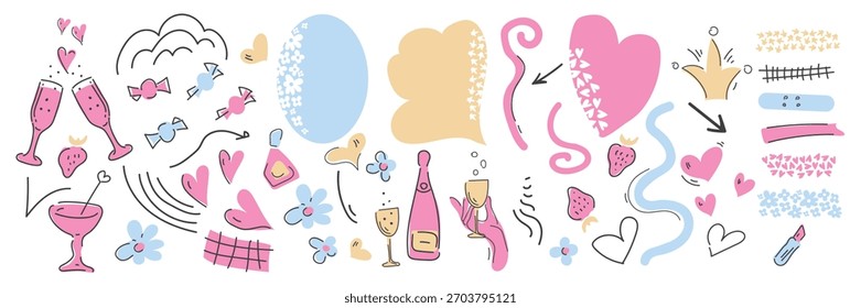 A whimsical set of stickers, bubble speech, patches in doodle-style. For posts, photos, diaries and scrapbooks. Curved lines, arrows, hearts and playful elements for holidays and Valentines Day.